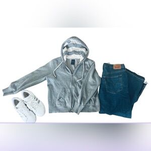 Vintage Faded Glory Zip Up Hoodie Gray w/ Knit Hood Cozy Casual Sweatshirt